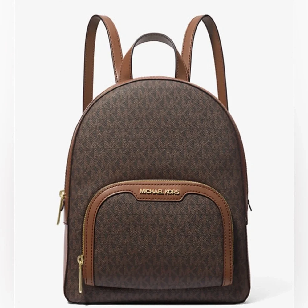 New Michael Kors Medium Signature Brown Backpack with Gold Details